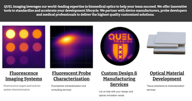 QUELImaging.com core services: Fluorescence Imaging Systems, Fluorescent Probe Characterization, Custom Design & Manufacturing Services, Optical Material Development