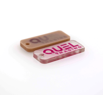 QUEL logo embedded in a colon mucosa and clear resin matricies using QUEL's Q-X tissue phantom platform. 