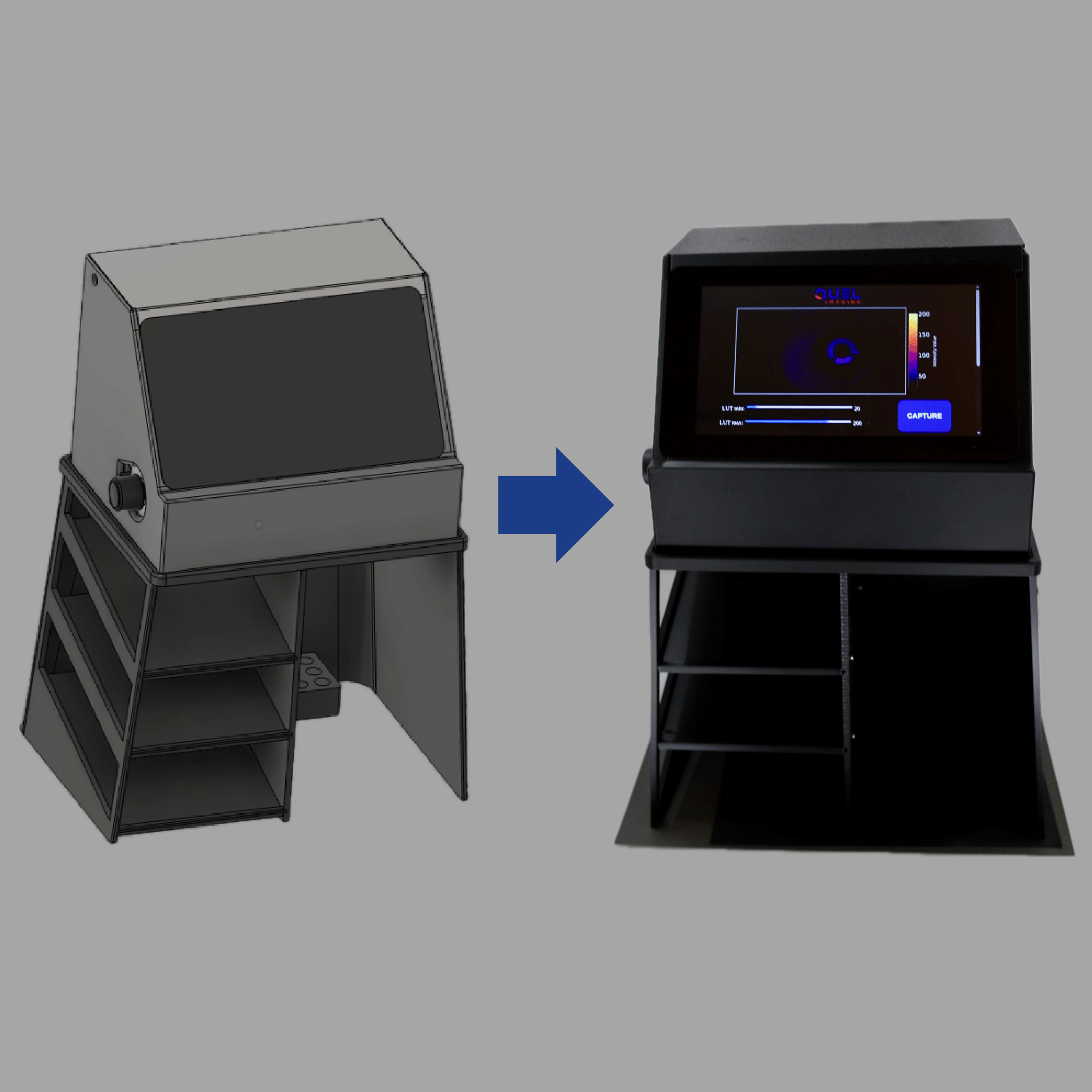 Graphic depicting a CAD model and prototype of the fluorescence imaging demo system. 