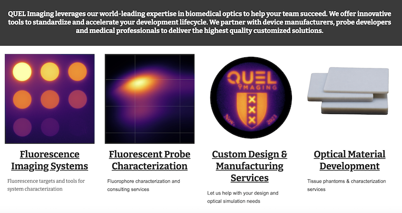 QUELImaging.com core services: Fluorescence Imaging Systems, Fluorescent Probe Characterization, Custom Design & Manufacturing Services, Optical Material Development